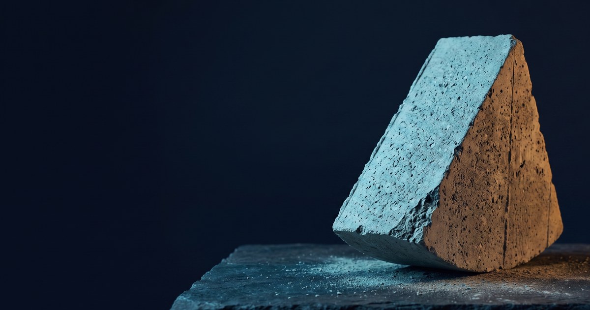 A single wedge of cast concrete tilted on rough dark stone, cyan light raking one coarse face and amber warming the other
