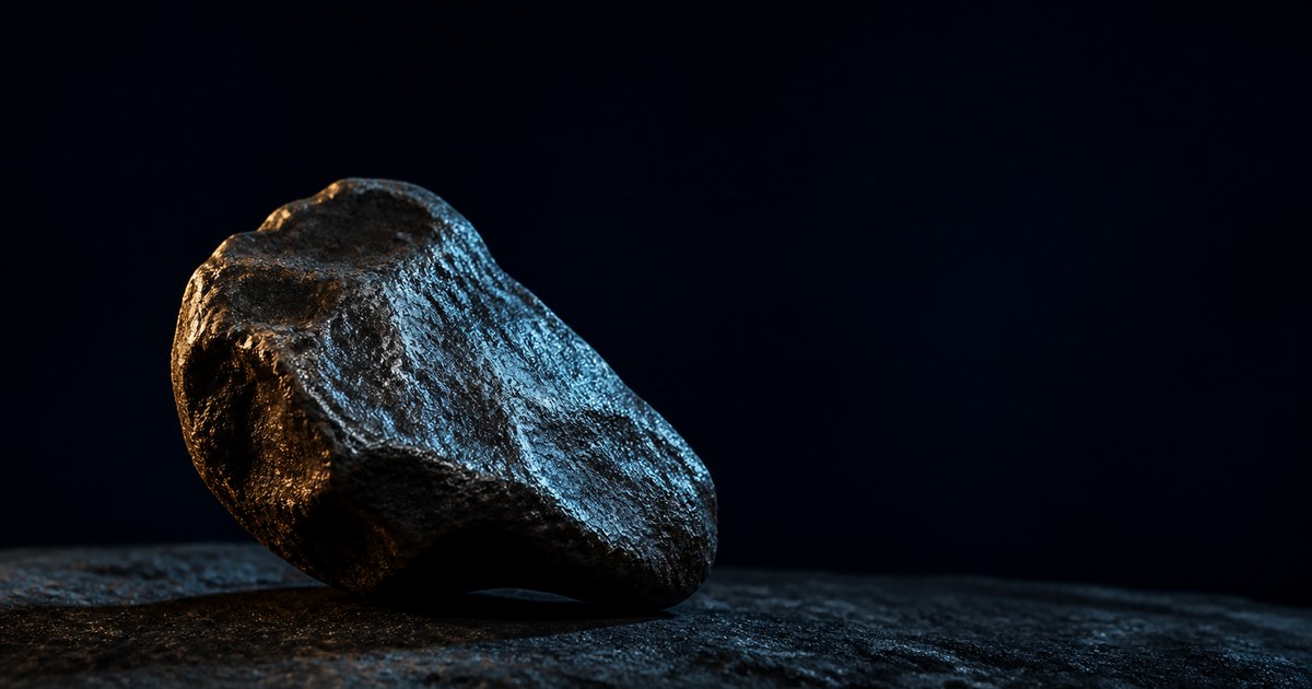 A single pitted iron meteorite fragment tilted on rough dark stone, amber light on one face and cyan raking the other