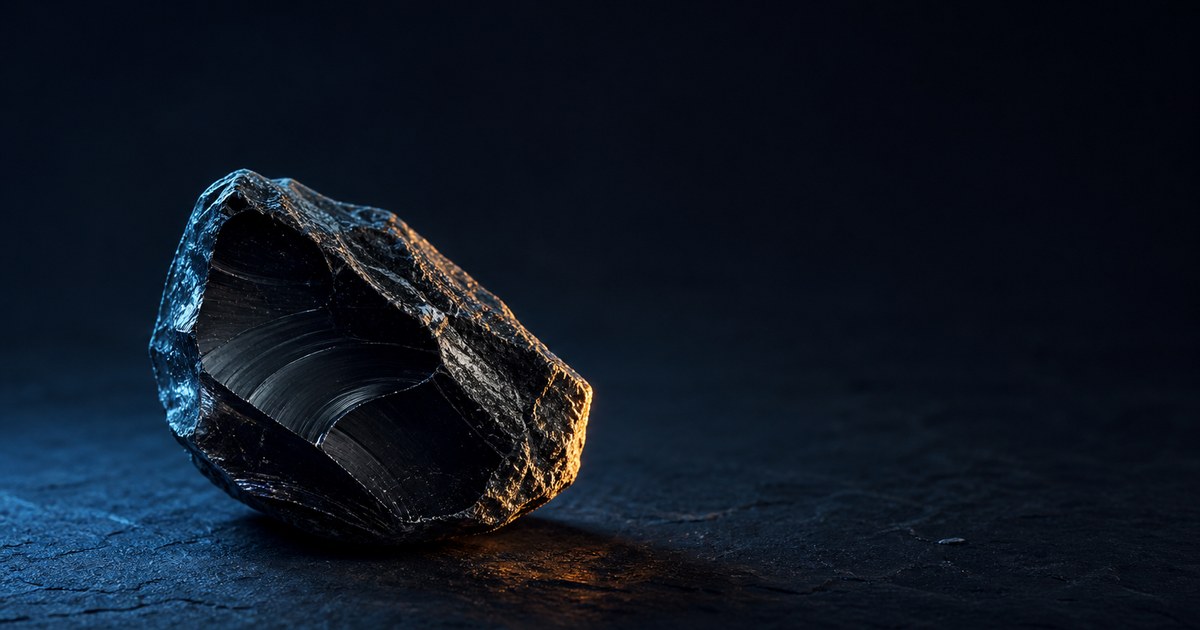A single black obsidian fragment on dark stone, its glassy fracture edged by cyan and amber light