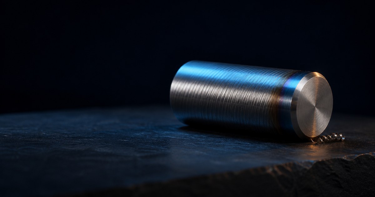 A lathe-turned steel cylinder resting on dark stone, helical tool marks catching a raking cyan light