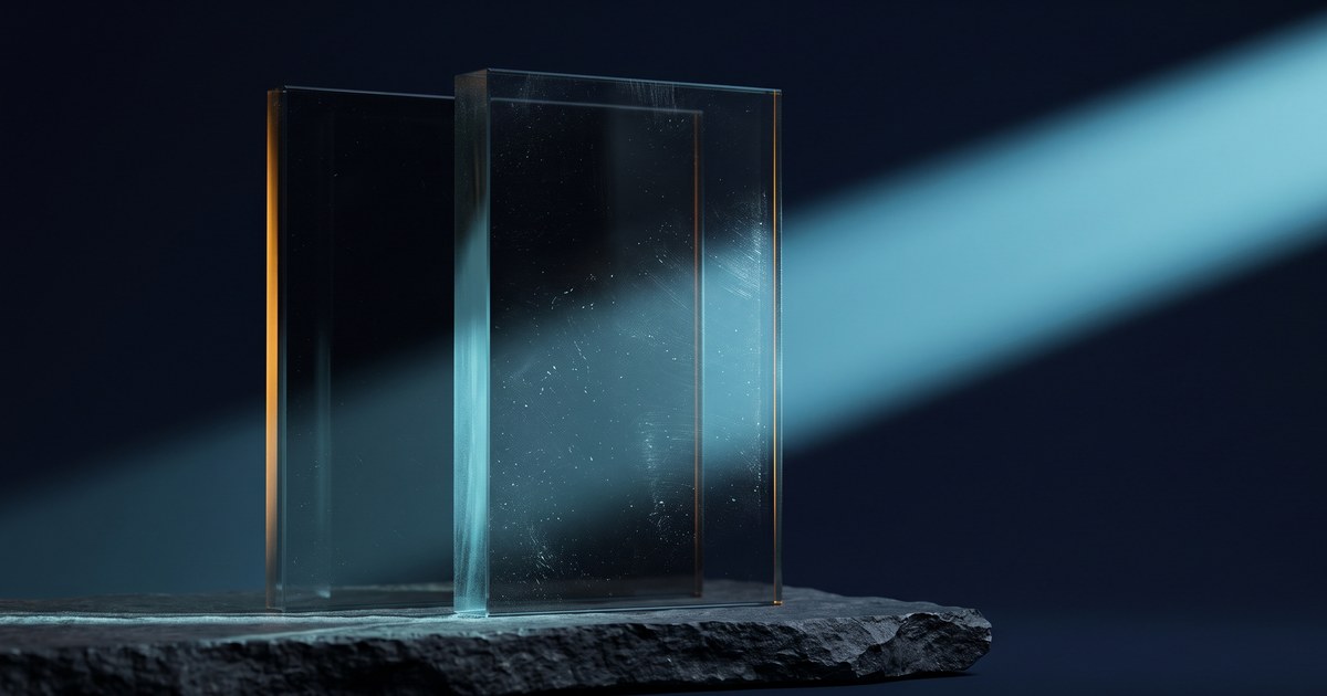 Two upright glass panes on a rough stone slab, a pale cyan beam crossing them from the right, amber light tracing their edges