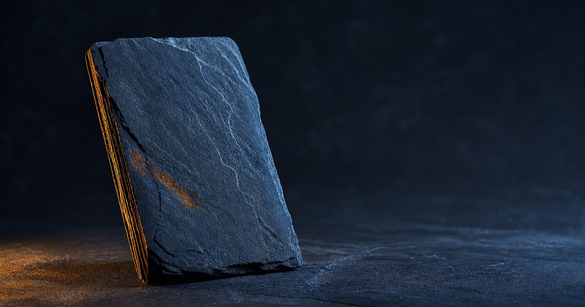A thick dark slate slab with chipped layered edges leaning on stone under cyan light and a warm amber rim