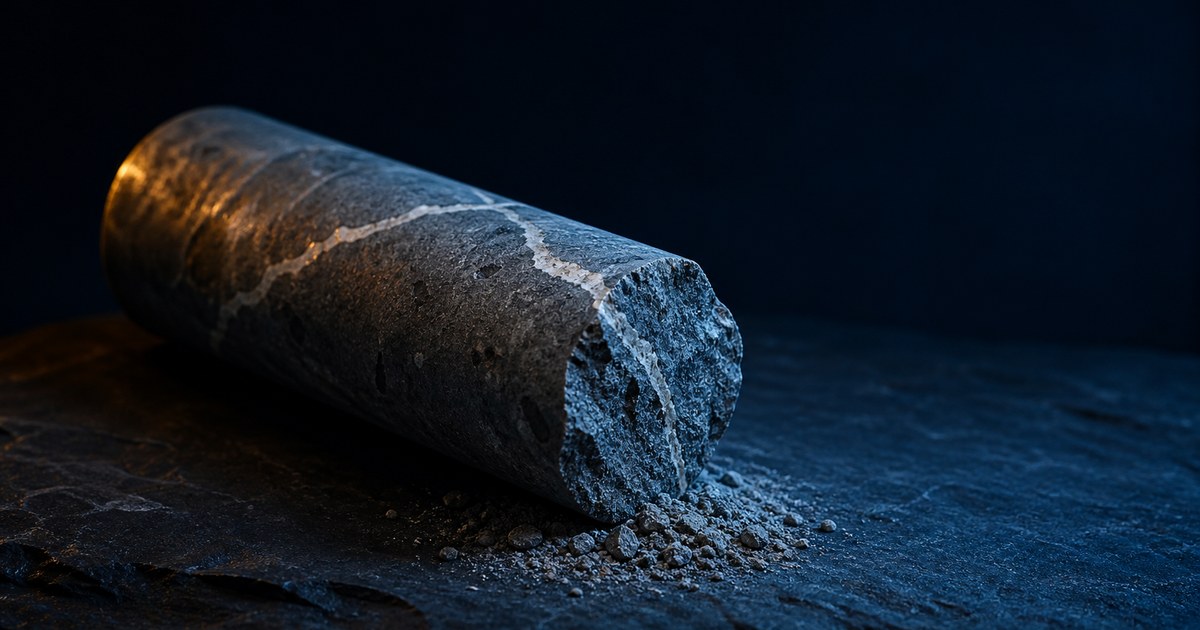 A weathered basalt drill-core sample with a fractured end resting on dark stone under cyan and amber light