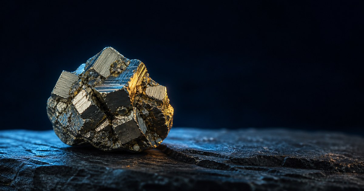 An angular pyrite crystal specimen on rough dark stone with cool cyan light and a warm amber rim