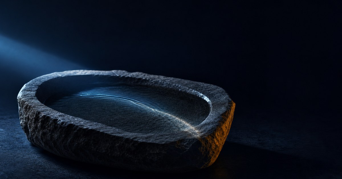 A shallow pool of still water in a carved dark stone basin, one shaft of light bending at the surface