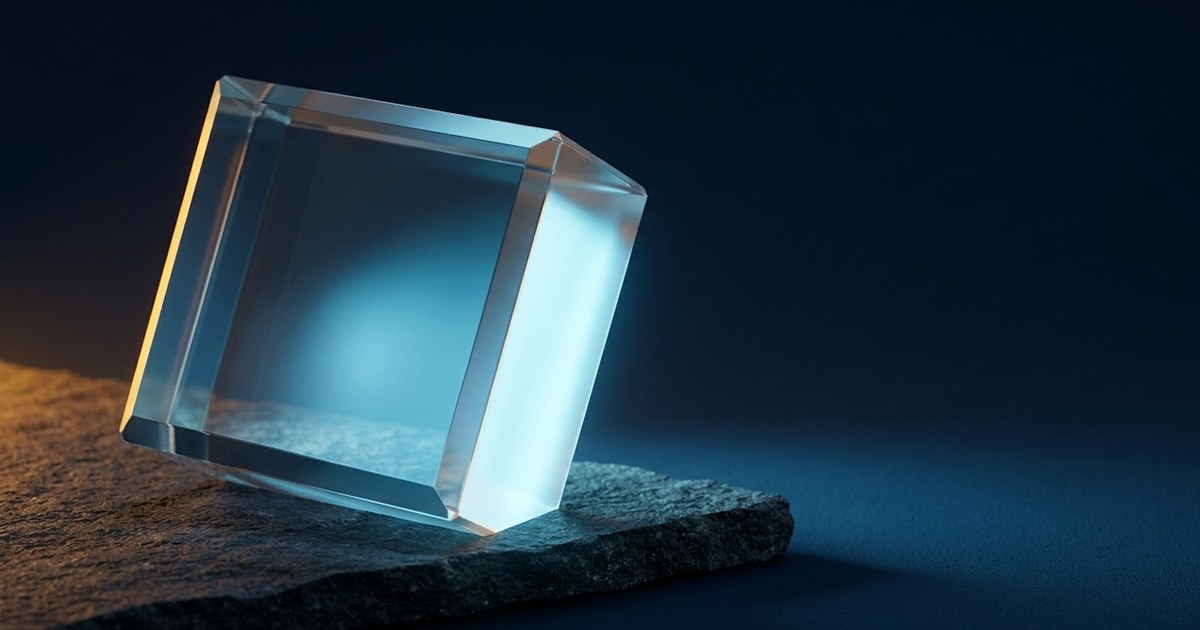 A single rectangular block of thick optical glass tilted on dark stone, one bevelled corner catching cyan light