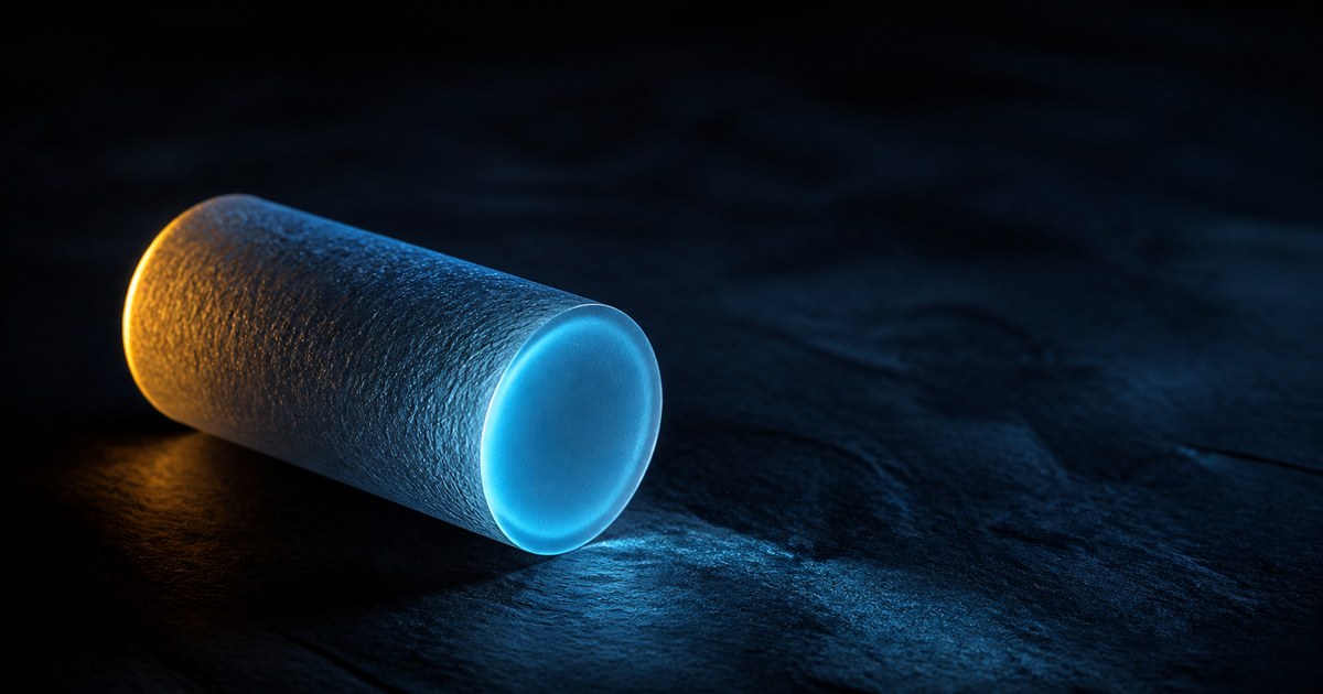 A single thick optical glass rod on dark stone, with cyan light on its cut face and amber light along the rim