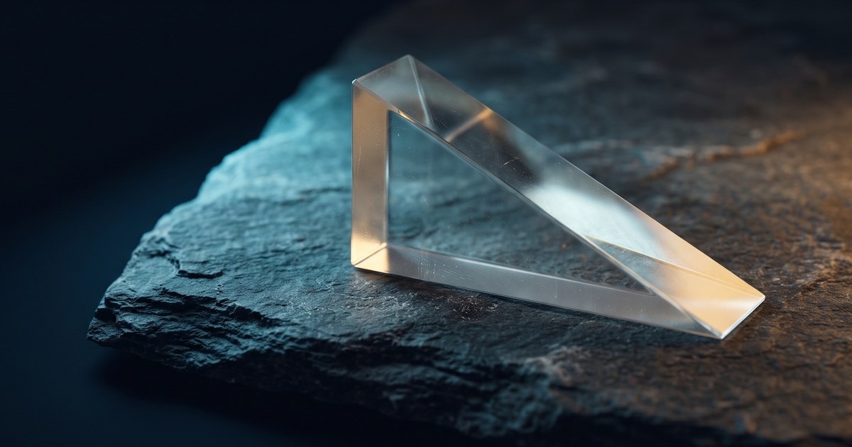 A clear wedge of optical glass on rough dark stone, cyan light on the rock to the left and amber at the thin edge