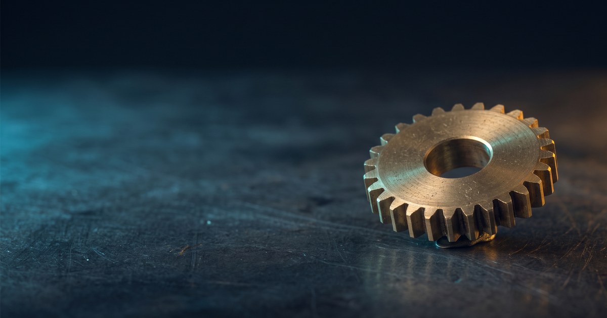 A single brass gear tilted on scratched dark steel, cyan light from the left and an amber glow at the far edge