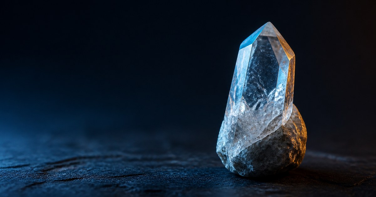 A transparent quartz crystal specimen resting on dark stone under cyan and amber side lighting